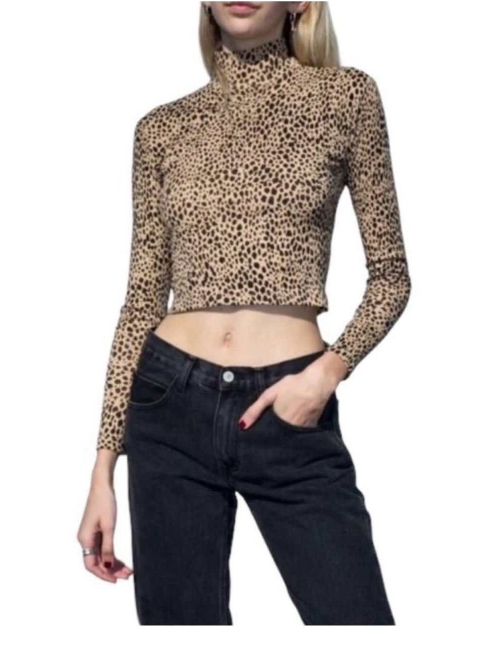 Brandy Melville Leopard Print Crop Turtleneck Long Sleeve Top - Beige